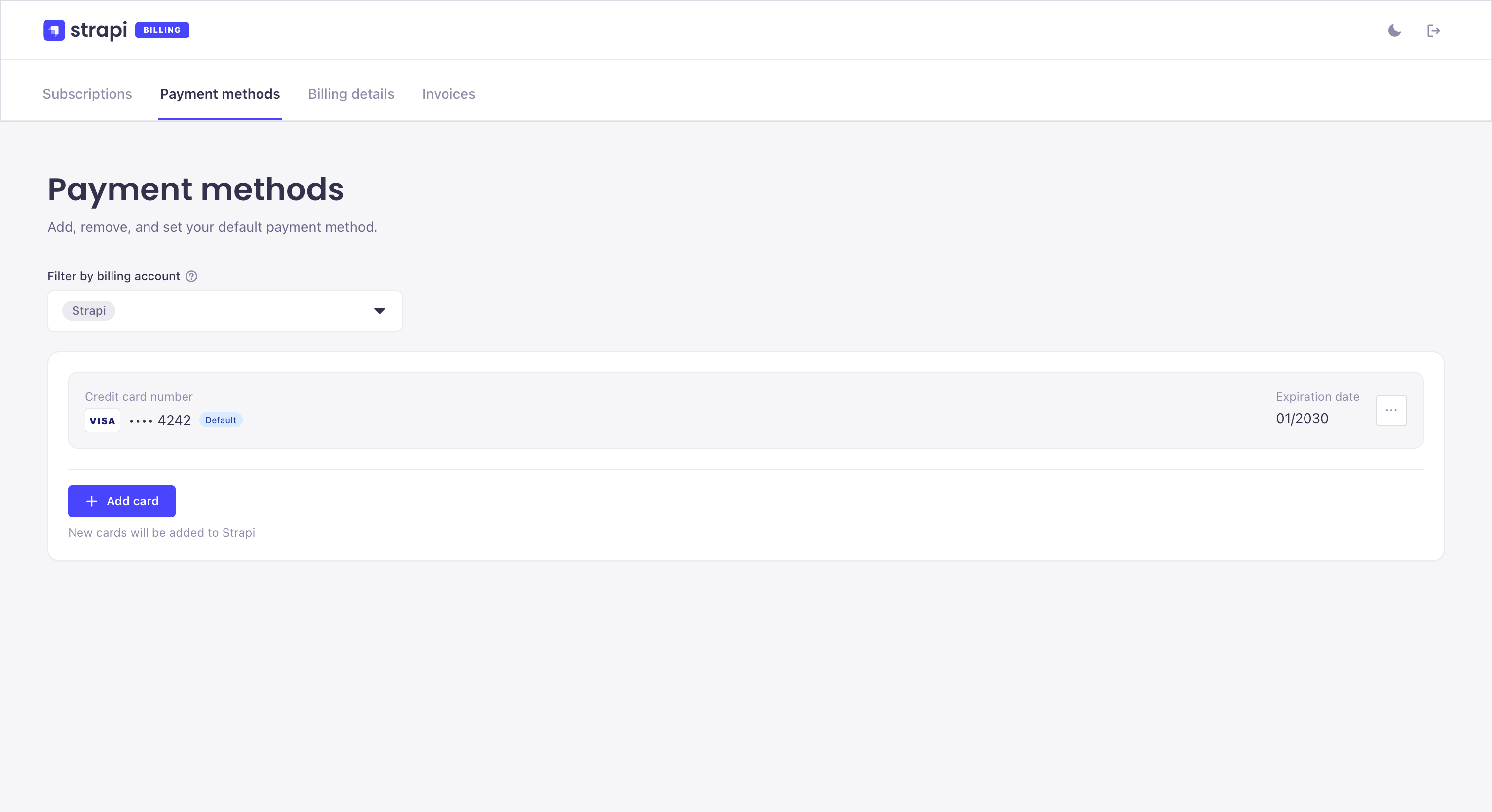 Billing portal screenshot: payment methods
